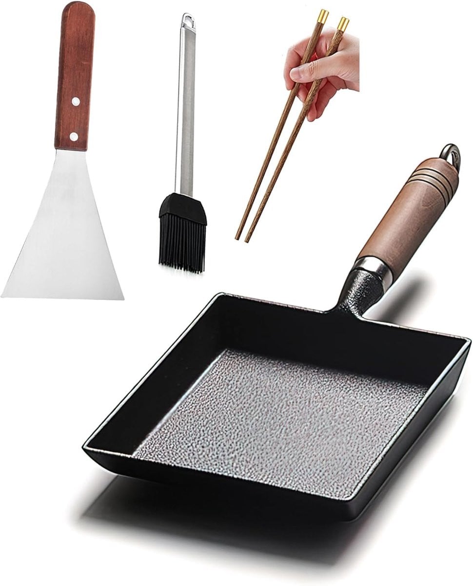 Tamagoyaki Japanse omelet pan - gietijzer - zwart en bruin - B/D: 23 x 17,78 x 17,78 cm