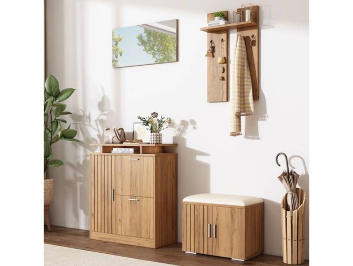 Ensemble D Entree Bois Naturel 5 Portes Meuble D Entree Moderne FloraGrace Pour Hall Et Couloir Assise Rembourree 140x35x133cm
