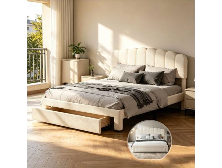 Lit coffre rembourré 160x200 UTTQEW Lit Double avce Tiroir Lit 2 personnes avce USB Tête de lit réglable Velours beige