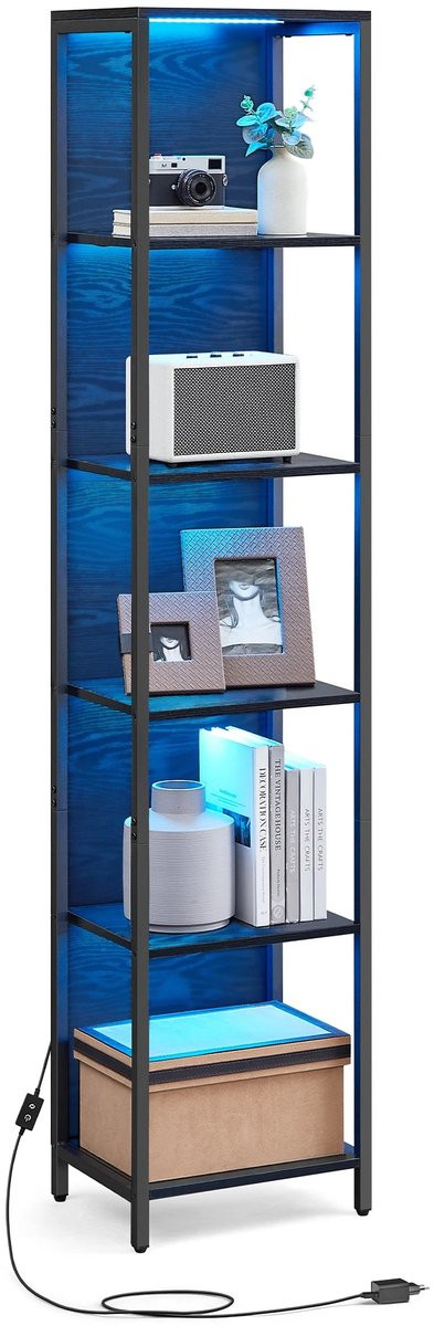Novendo Goods 6-Laagse LED Boekenkast met Verstelbare Verlichting - Industriële Opbergkast van Staal en Hout - Hoogte: 178,6 cm
