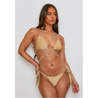 Triangel-Bikini-Top MODA MINX "Lumiere Seychelles", Damen, Gr. XS, gold (goldfarben), 85% Polyester, 8% Elasthan, 7% Metall, unifarben, Bikini-Oberteile, mit funkelnden Anhängern