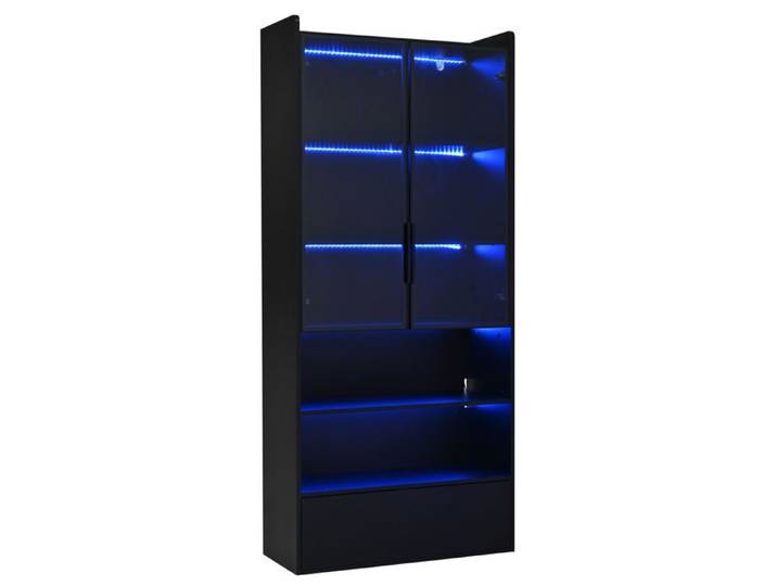Vitrine haute noire 80 x 34 x 180 cm avec portes vitrées LED contrôlable par application et tiroir