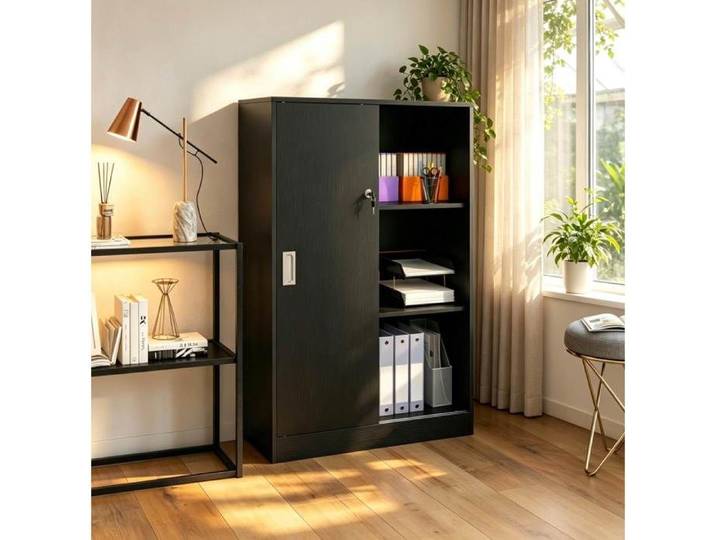 Armoire De Bureau Noire Armoire Coulissante FloraGrace Pour Bureau Verrouillable Avec 2 Clés 80x40x120cm