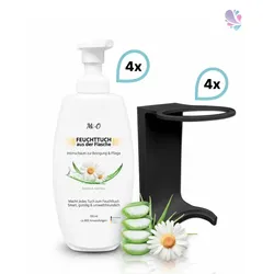 SET: Feuchttuch aus der Flasche 4x300 ml + 4x Wandhalterung schwarz, Intim Reinigungs- & Pflegeschaum