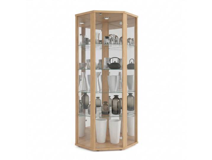 K-Möbel Eckvitrine 56,5/56,5/176 cm mit Spiegel, LED & Schloss, Buchefarben, 4 Fächer, Sechseckig, 56.5x176x56.5 cm, Esszimmer, Vitrinen, Vitrinenschränke