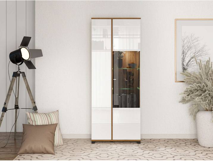 Vitrine HOME AFFAIRE Burgundy Vitrinenschrank, Standvitrine, Showcase , opaque weiß, B:78,5cm H:200,5cm T:40cm, Glas, Holzwerkstoff, MDF, Schränke, Vitrine, Hochglanzfronten, Glastür, Komplettes Innenleben