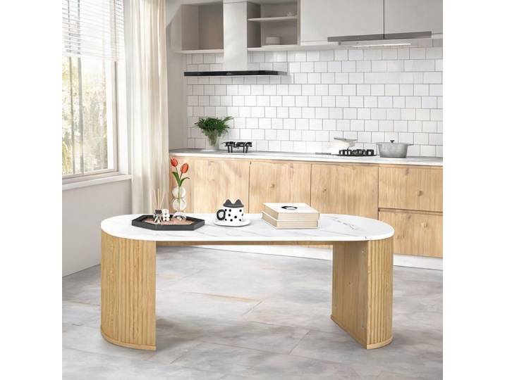 Table basse ovale 110x50 cm effet marbre blanc et bois naturel design moderne