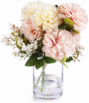 Enova Home 7 Heads Mixed Artificial Silk Dahlia Fake Flowers Arrangement in Glass Vase with Faux Water for Home Wedding Decor
