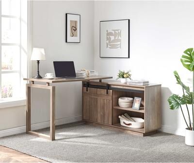GDFStudio - Liam L-Shaped Home Office Desk with Attached Storage Credenza and Sliding Barn Door for Organized Productivity