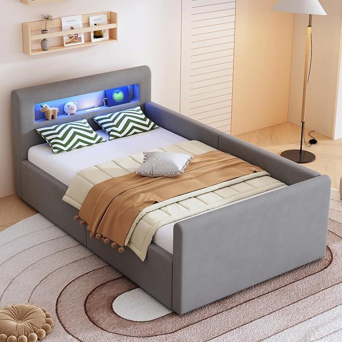 Kinderbett 90x200 cm mit Bettkasten, LED & USB, Polsterbett aus Samt | Ideal als Kinderbett, Jugendbett oder Einzelbett mit LED-Beleuchtung, Nachtlicht & USB-Ladeanschluss, Hellgrau, ohne Matratze