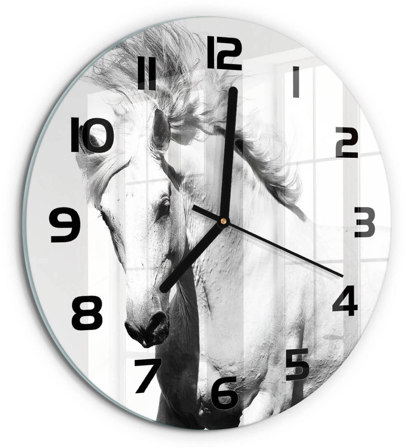 Tulup Wandklok met Wit Paard Decoratie - Rond Glas - Wit - Diameter: 30 cm