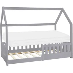 ML-Design Kinderbett 80x160 cm Hellgrau mit Matratze, Rausfallschutz, Dach & Lattenrost, Hausbett aus Kiefernholz, Kinderhaus Bodenbett Spielbett