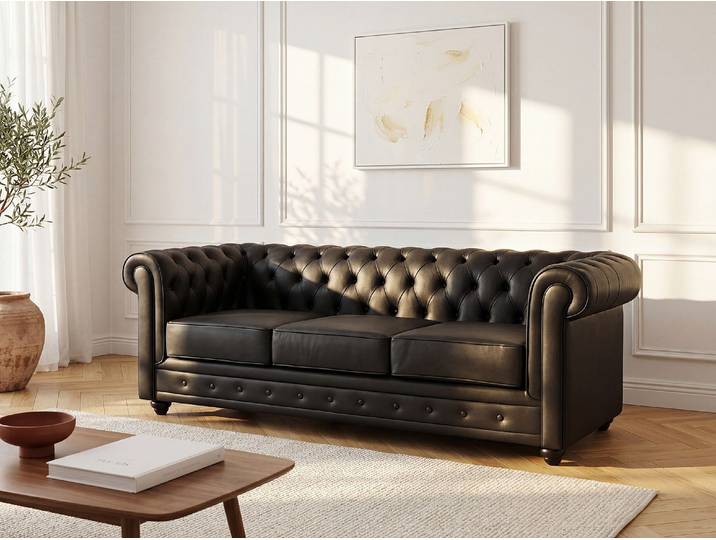 Ledersofa 3-Sitzer - Büffelleder - Schwarz - CHESTERFIELD