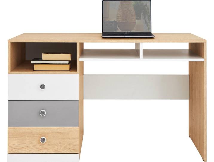 MIRJAN24 Schreibtisch Pixel PX8, Stilvoll Kinderzimmer Computertisch mit 3-Schubladen und Regal (Farbe: Biskuit Eiche / Biskuit Eiche + Weiß Lux + Grau)