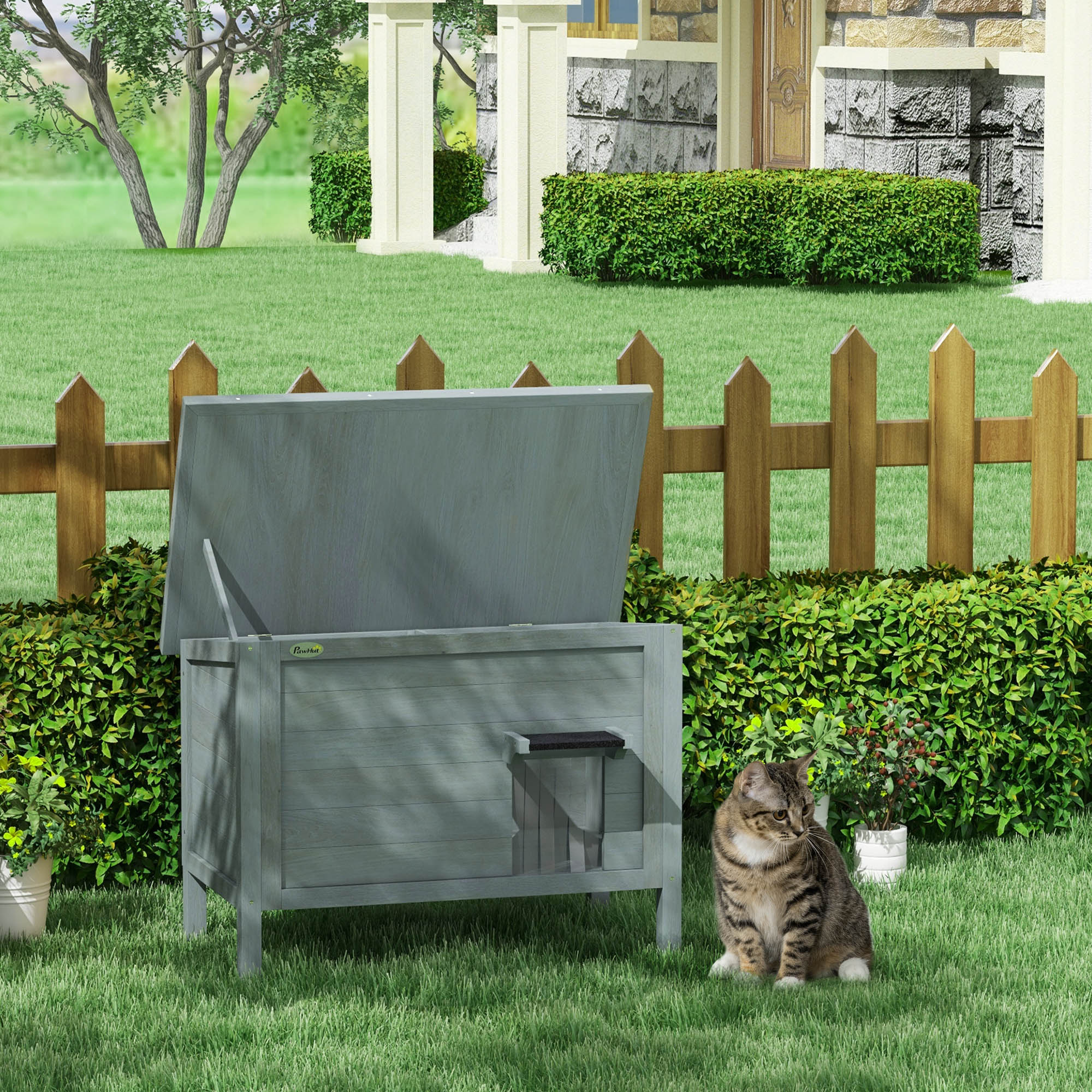 Pawhut Casa per Gatti Casa per Gatti da Esterno, Resistente alle Intemperie, 1 Finestra, 1 Ingresso, 85 x 50 x 68,5 cm, Grigio scuro+Nero