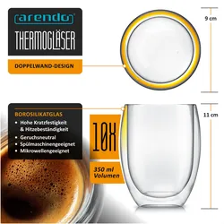 Arendo, Tasse, Thermogläser 10er Set 350 ml, doppelwandig, ohne Henkel, Borosilikatglas, Kaffeegläser (350 ml, 10x)