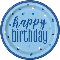 8 grosse Teller Happy Birthday blau & silber