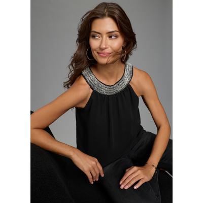 Blusentop LAURA SCOTT, Damen, Gr. 40, schwarz, Chiffon, Obermaterial: 100% Polyester. Futter: 100% Polyester, unifarben, A-Linie hüftlang, Rundhals, Blusen Blusentop, mit Schmuckelement, A-Linie, hüftlange Schnittform