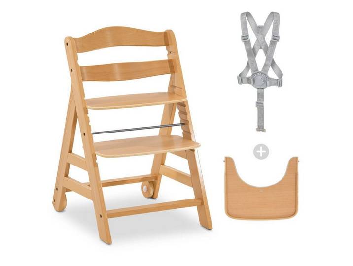 Hauck Hochstuhl Alpha Plus Move - Natur, Holz Kinderhochstuhl ab 6 Monaten mit Essbrett & Rollen - verstellbar