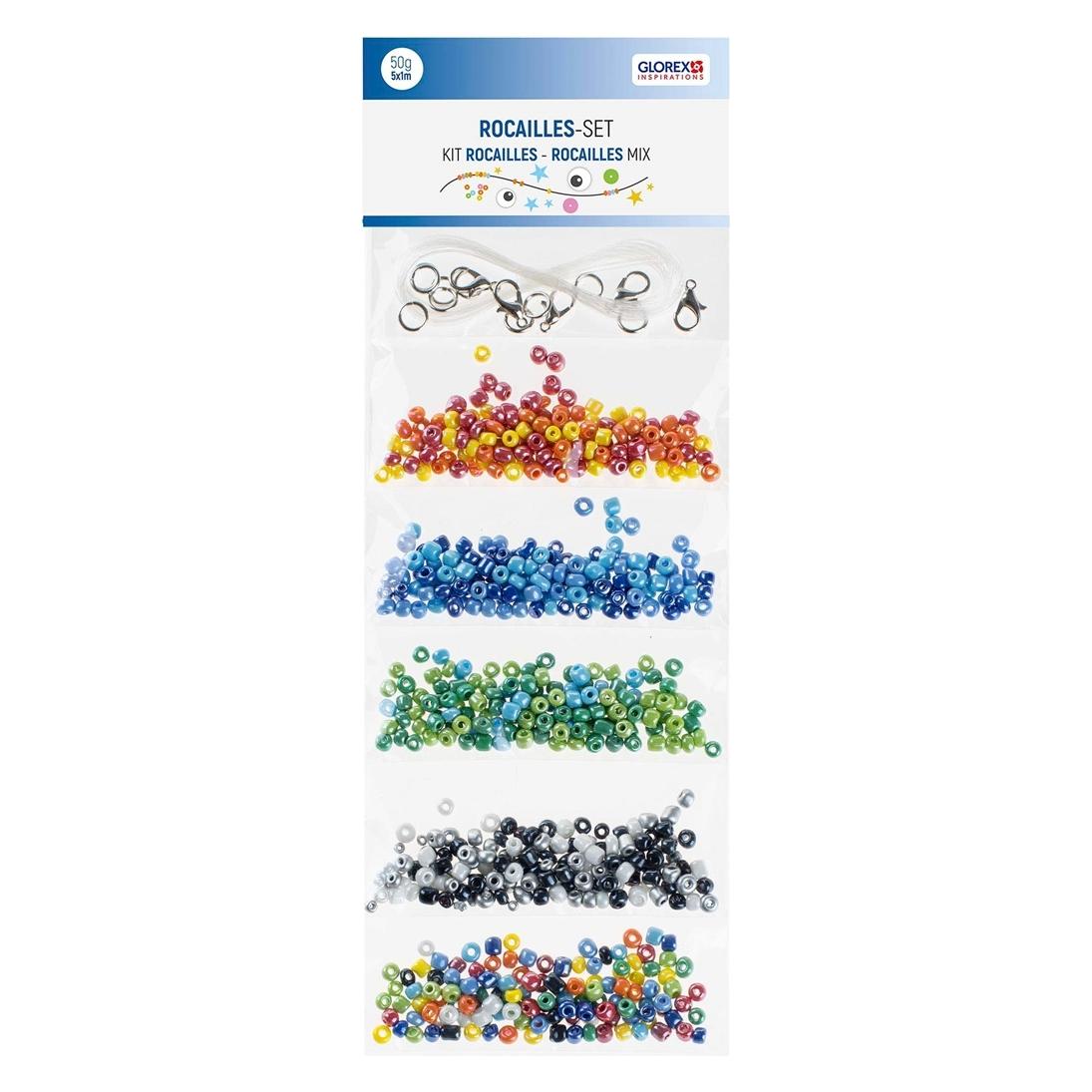 Magni GLOREX 6 1630 301 - Rocailles Set, 50 g, 5 x 1 m, 5-fach bunt sortiert, mit Kordeln und Verschlüssen (61630301)