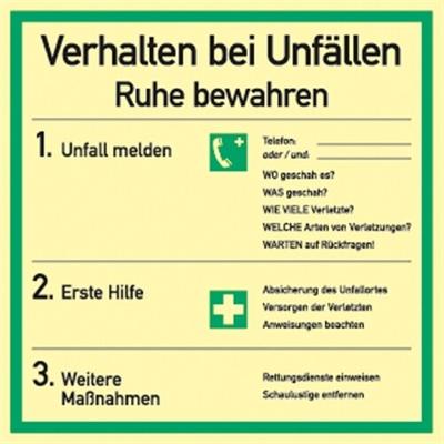 Schild Verhalten bei Unfällen ISO 7010, Kunststoff, langnachleuchtend, 180x180 mm