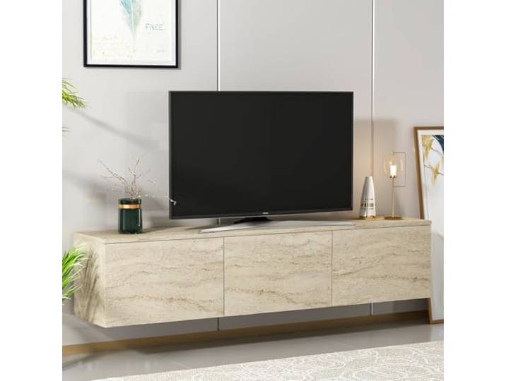 Homidea Levante Hängendes TV Lowboard 160 cm – Wandmontiertes TV-Board mit Klapptüren, Modernes TV-Möbel für Wohnzimmer (Travertin)