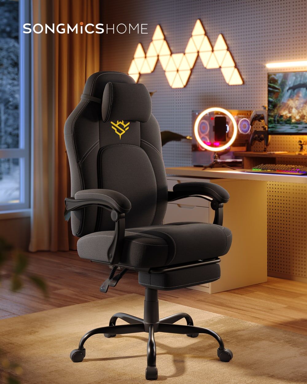 SONGMICS HOME Fauteuil gaming de bureau ergonomique coton-lin noir Noir 67x129x71cm