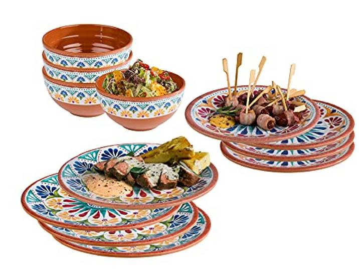 Melamin Ess-Geschirr Set für 4 Personen, Campinggeschirr mediterranes Design
