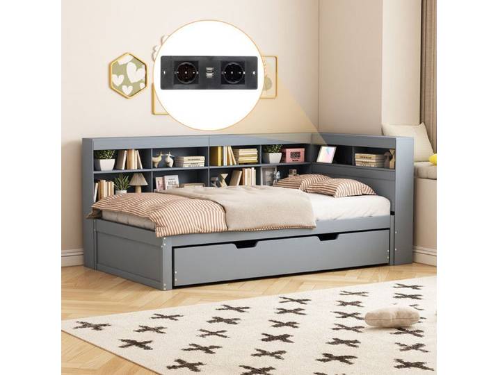 Lit Gigogne 90X200 cm avec Prise USB et Multiples Rangements Lit en Bois Massif Lit Simple Lit Multifonction en Bois Gris
