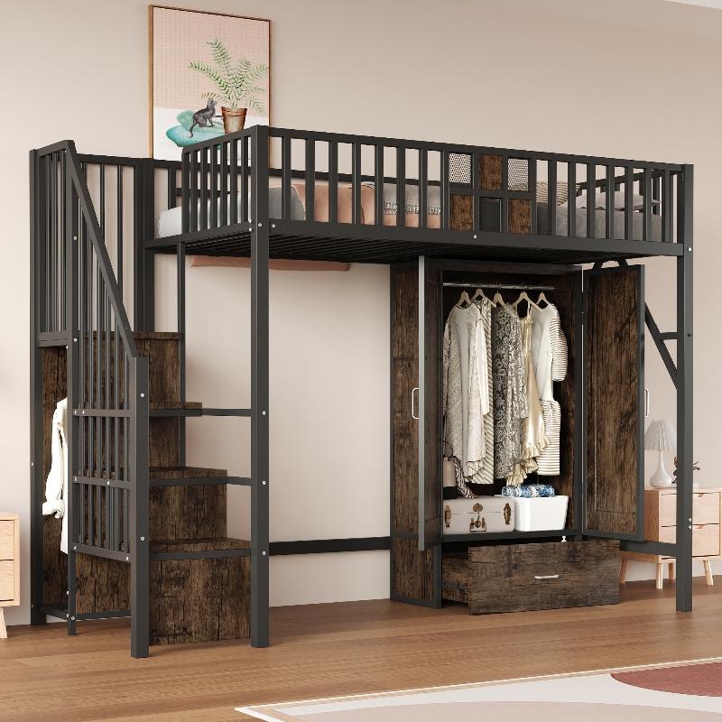 Metall Hochbett 90x200 mit Kleiderschrank und Schubladen, Hochbett aus Metall und Holz mit Aufbewahrungsleiter in Schwarz