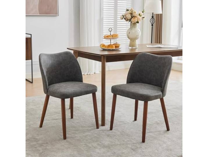 GarveeHome 4er-Set Esszimmerstühle aus PU-Leder mit Wingback-Lehne Holzbeinen extra gepolstert dunkelgrau