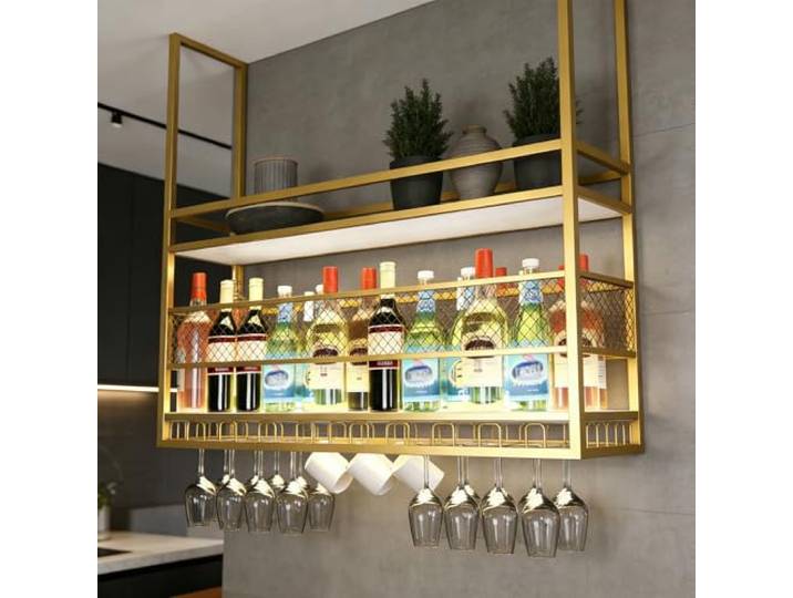RAJYQODIS 2-lagig Industrielles Deckenregal Weinregal (Gold, 140cm) Hängendes Weinglasregal aus Metall, Bar-Display Weinlagerhalter, für Bar Restaurant Cafe Küche