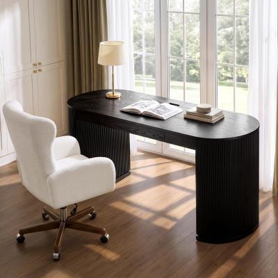 "HULALA HOME Modern 60""W Oval Solid Wood Fluted Writing Desk with Charging Station"
