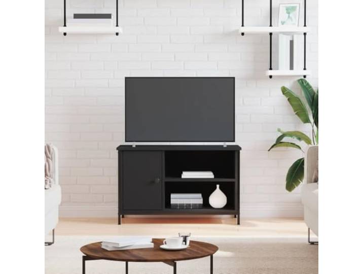 HEFZGDB TV-Schrank Schwarz 80x40x50 cm Holzwerkstoff mit Eisenbeinen, 1 Fach mit Tür und 2 offene Ablagen für Multimedia-Geräte, Industriestil Wohnzimmer Möbel