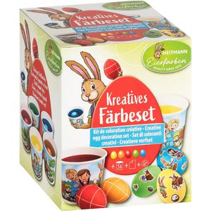 Heitmann-Eierfarben Eierfarben Kreatives Färbeset, 5 Flüssig-Farben, mit Stickern, Bechern & Bändern