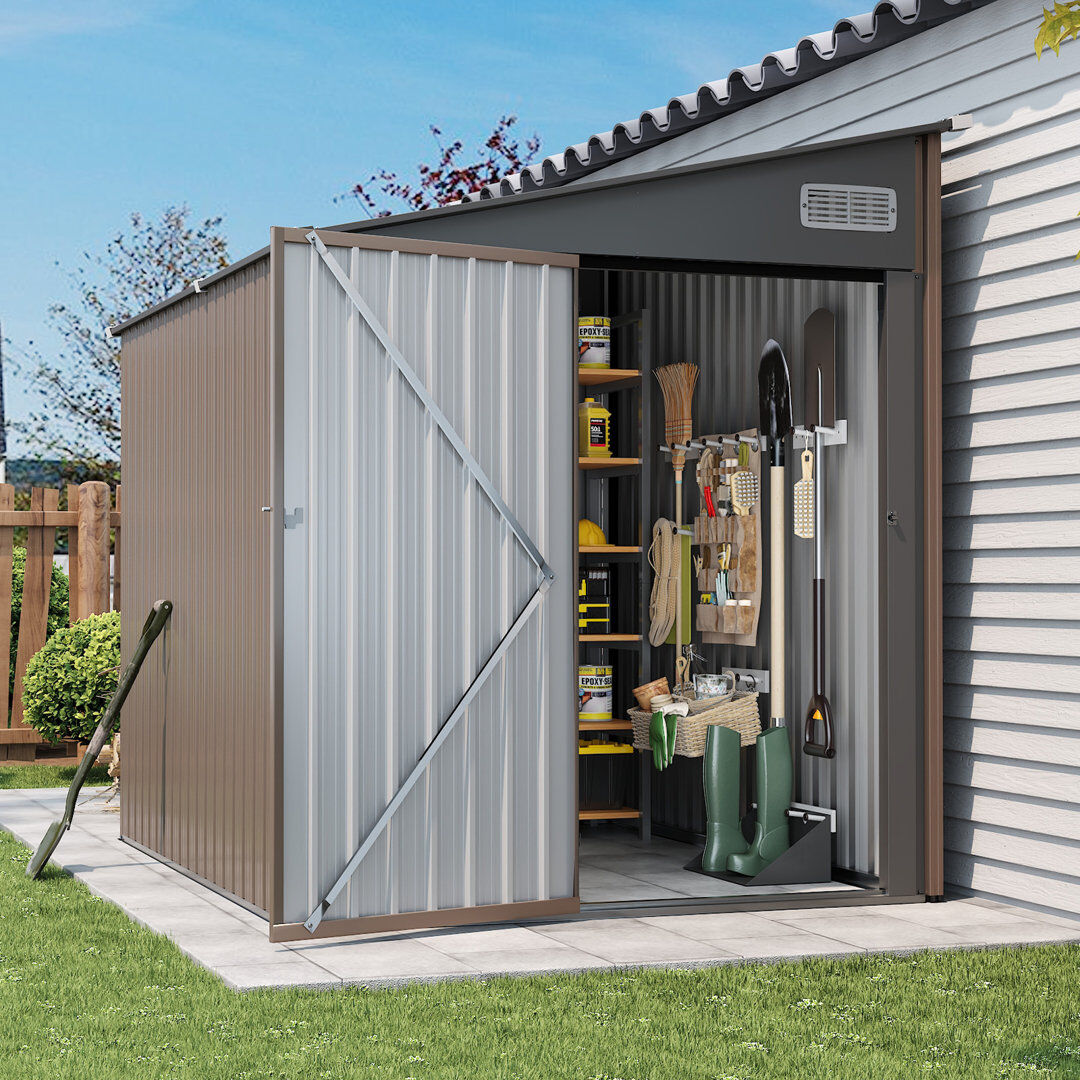 JolyDale 5.5 ft. W x 7.5 ft. D Metal Lean To Storage Shed with Lockable Door & Ventilation Brown 214cm W X 161cm D X 193.8cm H