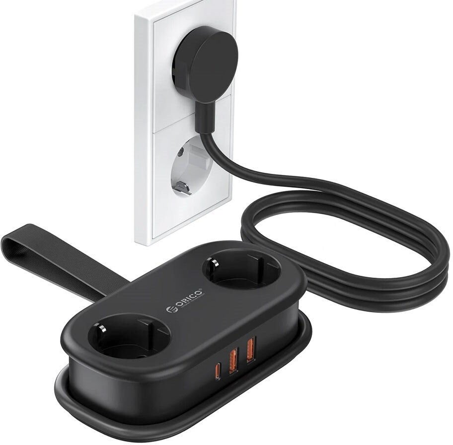 ORICO 5-i-1 Strømskinne m. 20W - 2 x Schuko - 2 x USB-A - 1 x USB-C - Sort