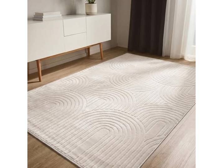 benuta Basic Teppich Claire - Creme 140x200 cm Minimalistischer Wohnzimmerteppich, Geometrischer Retro-Stil, Pflegeleicht, Fußbodenheizung Geeignet