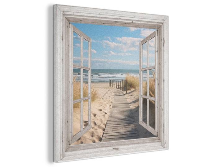 MuchoWow Akustikbild - Fenster - Meer - Küste - Natur - Ausblick - Strand - Wattenmeer - 60x60, Beige, Kunststoff, Quadratisch, 60x60x0.9 cm, Wandverkleidung, Akustikpaneele