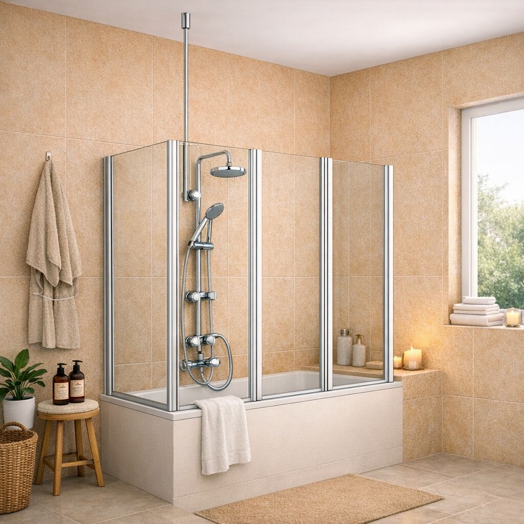 Badewannenaufsatz WELLTIME "Summer 3-teilig + feste Seitewand", grau, B:120cm H:140cm T:73,5cm, Duschwände, Badewannenaufsatz, Deckenhöhe bis 240cm geeignet, Glaswand bestehend aus vier Elementen grau B/H: 120cm x 140cm, beidseitigmontierbar