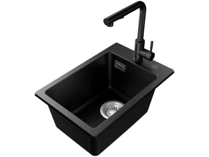 Granitspüle 30×45 cm Schwarz mit ausziehbarer Küchenarmatur, kleine Küchenspüle 1 Becken Einbauspüle, Spülbecken mit Wasserhahn Set