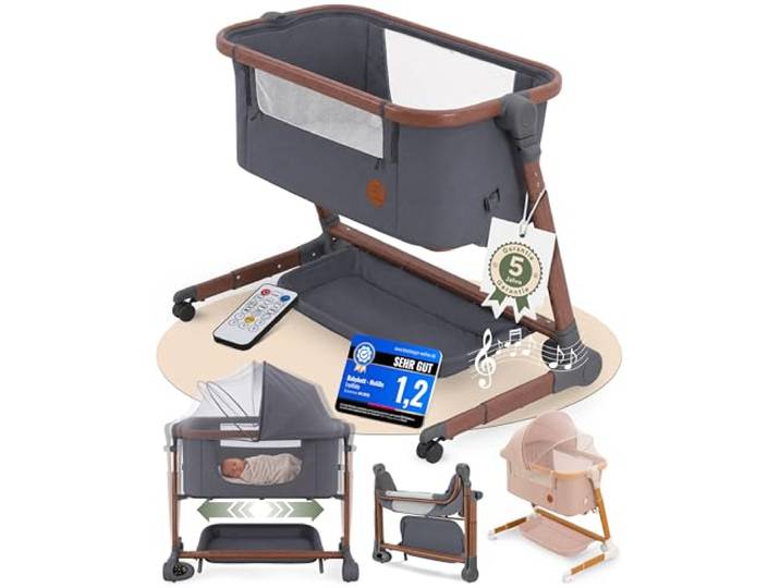 LepiBaby Elektrisches Babybett mit Rollen, Beistellbett Baby Boxspringbett 5 in 1 Stubenwagen Höhenverstellbar, Reisebett Baby mit Matratze, Babywiege 0 bis 12 Monate, Bassinet mit Musik, MaliDa Grau