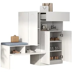 OKWISH Schuhschrank 130x35x110 mit Sitzbank gepolstert Soft-Close 2 höhenverstellbare Böden offenes Fach Kippsicherung Weiß
