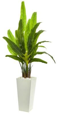 Nearly Natural "69"" Travelers Palm Artificial Tree in White Tower Planter"