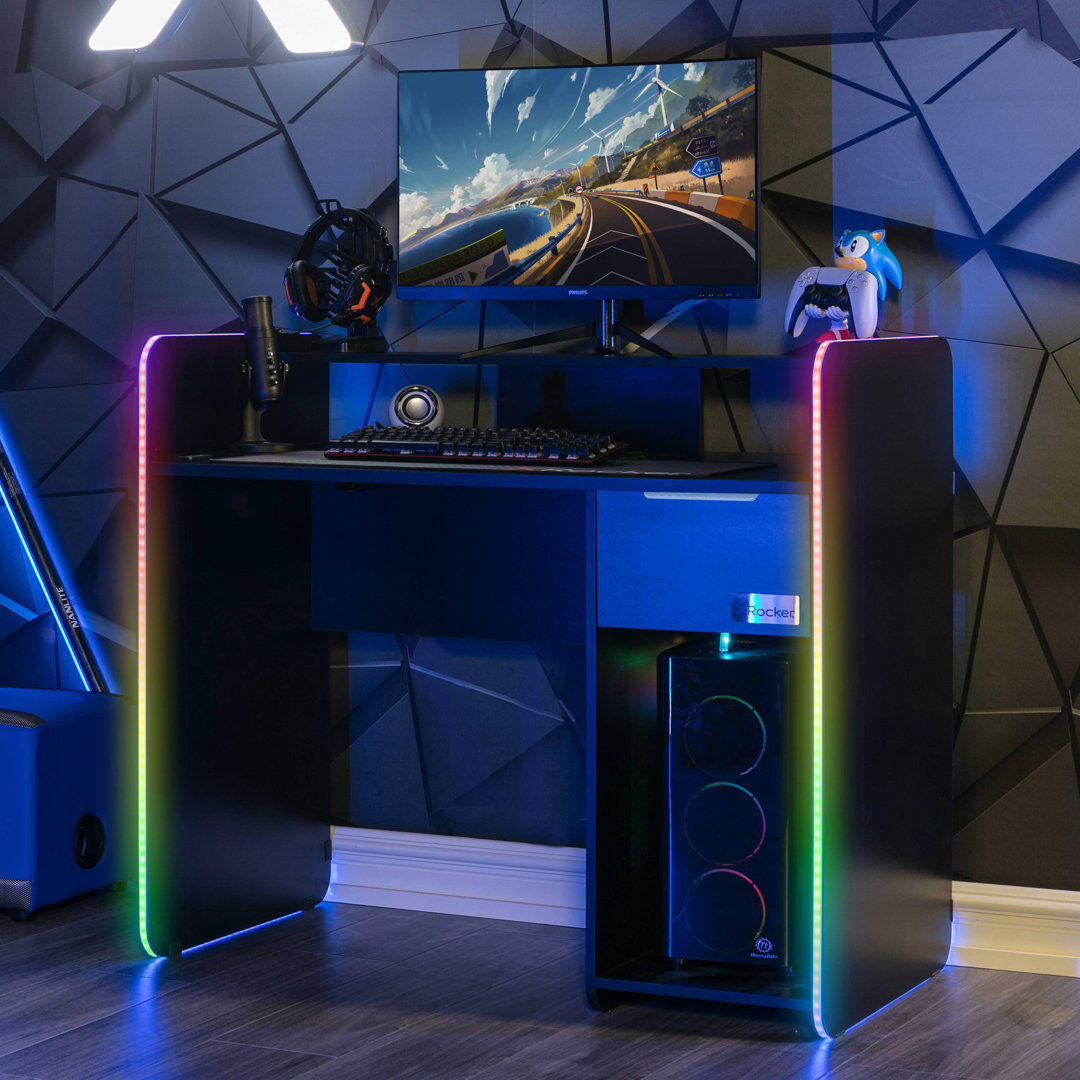 X Rocker Electra 110cm RGB Gaming Desk with Wireless Charging - Black White 95cm H X 55cm W X 110cm D