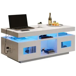 OKWISH Moderner Couchtisch mit LED-Beleuchtung, Stauraum, USB-Ladeanschluss, Rebound-Schranktüren, halboffene Fächer, kompakt 100×50×43 cm Weiß