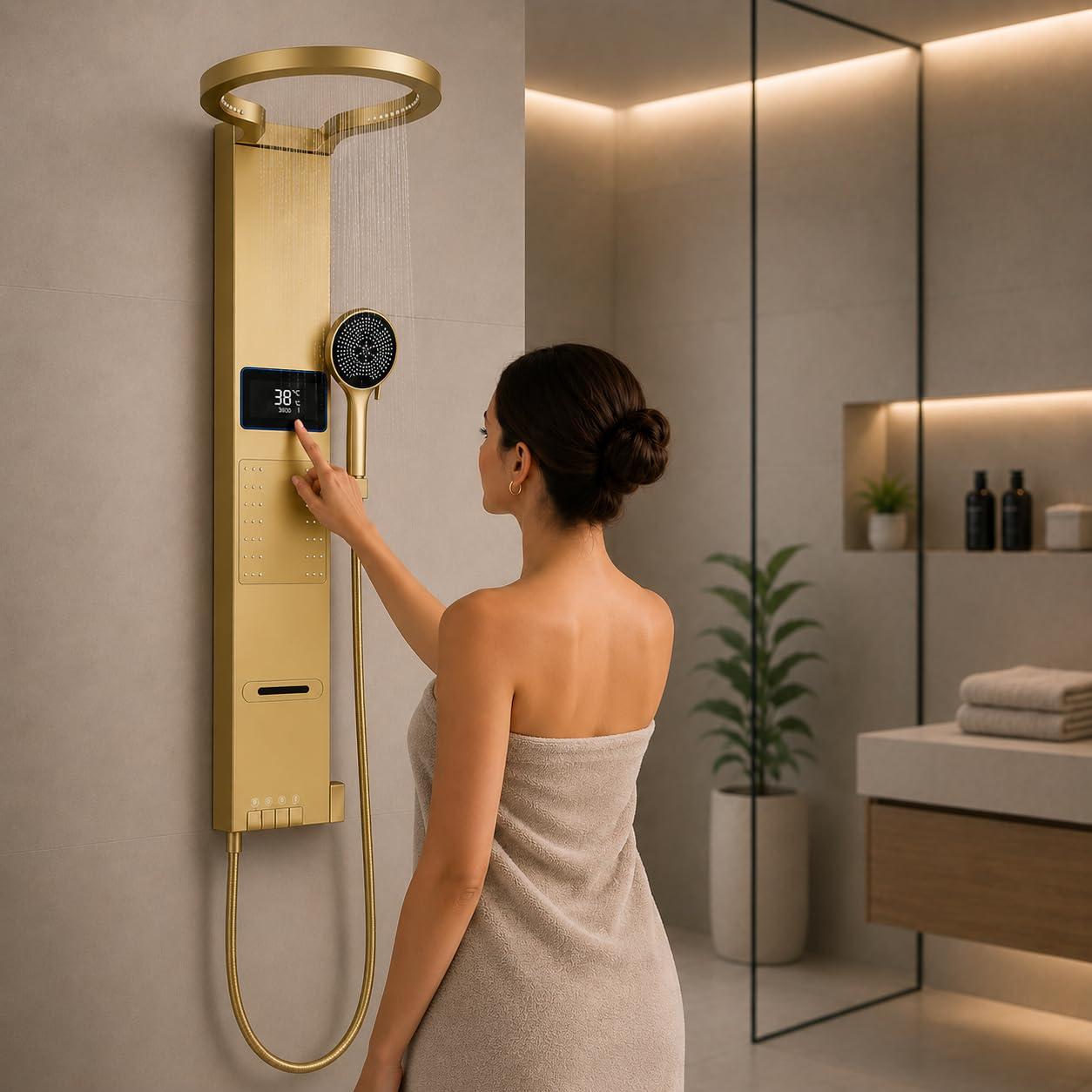 Thermostat-Duschpanel Gold, 105 cm, 4 Funktionen, Hydromassage