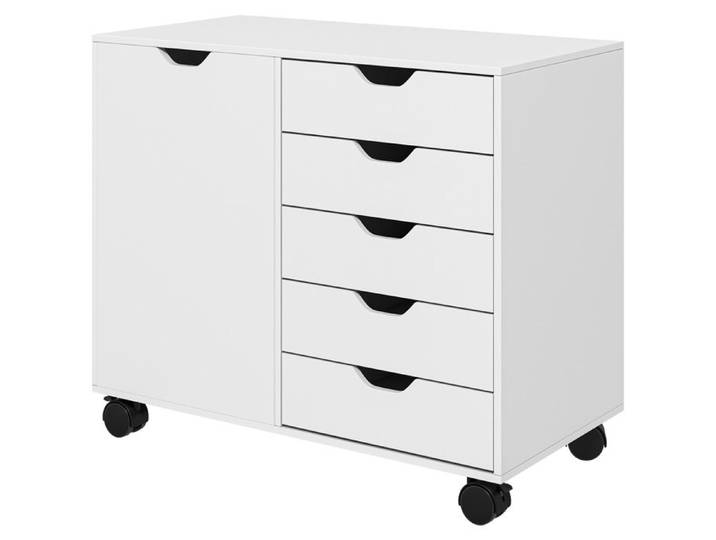 LIA Meuble bureau 5 tiroirs 1 porte support imprimante roulettes blanc 78x40x66 5cm