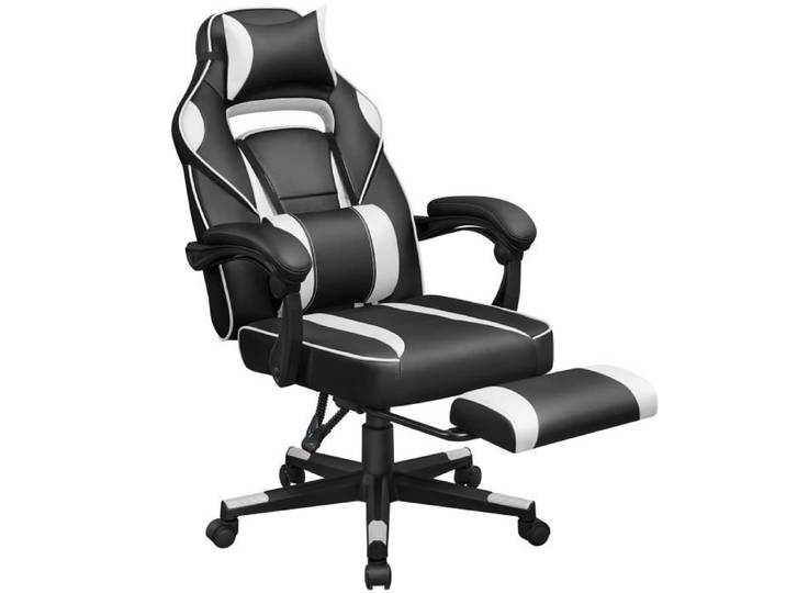 Chaise Gaming SONGMICS - Repose-Pieds télescopique - Ergonomique - Appui-tête - Noir et Blanc OBG73BW