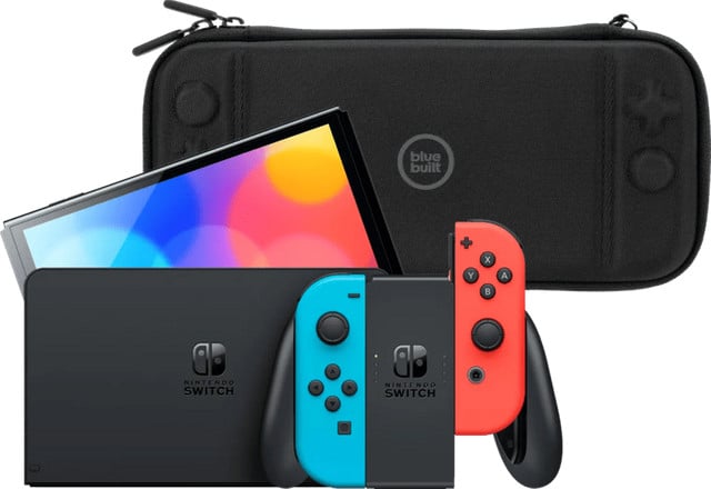 Nintendo Switch OLED Blauw/Rood met BlueBuilt Beschermhoes